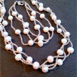 White Freshwater Pearl and Seed Bead Braided Necklace Bracelet Demi Parure
